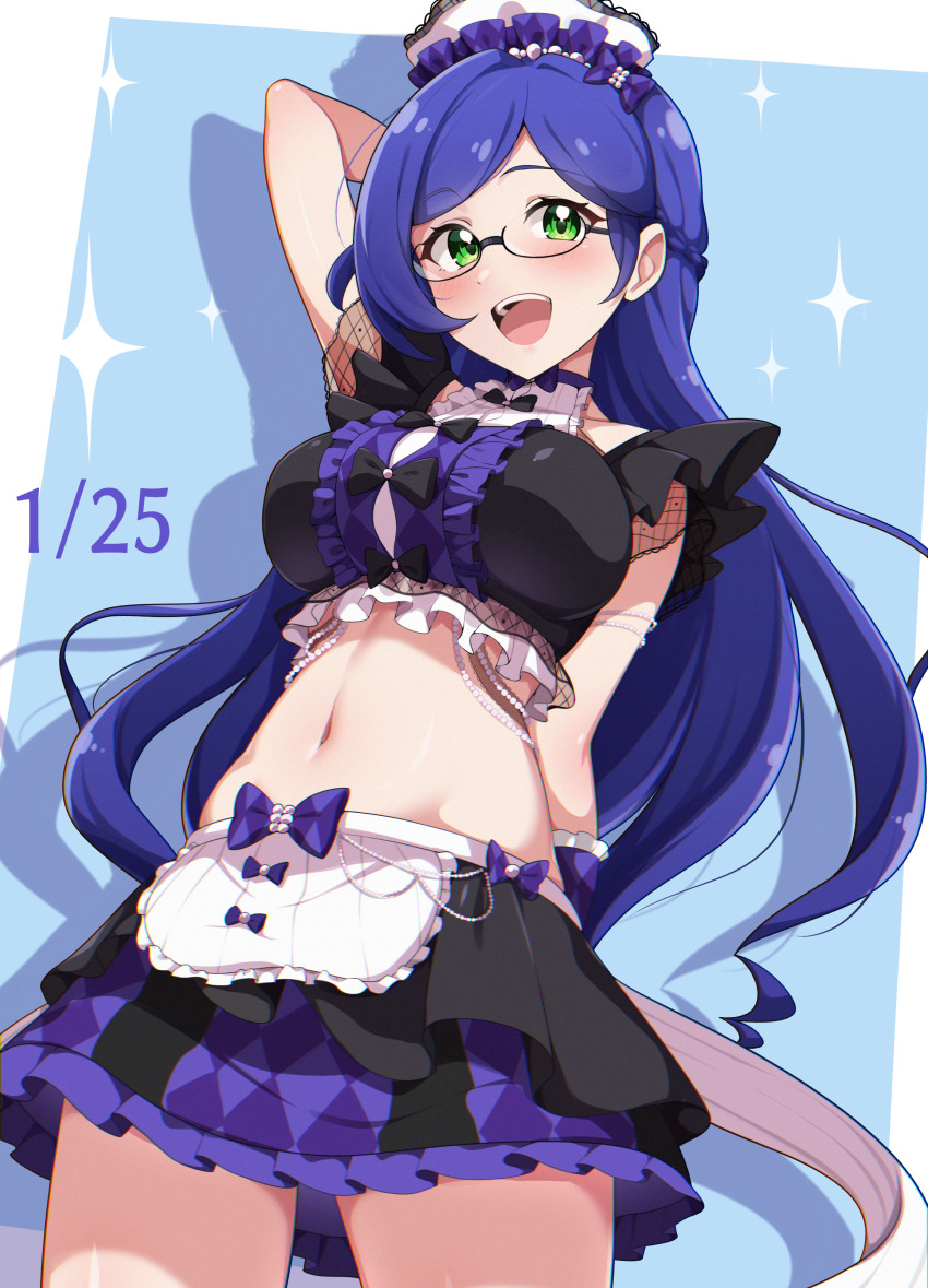 :d absurdres alternate_breast_size aoba_rinka arm_behind_back arm_behind_head arm_up black-framed_eyewear black_shirt black_skirt blue_background blue_hair blush breasts checkered_clothes checkered_skirt cowboy_shot cropped_shirt dated dot_nose drop_shadow frilled_shirt frilled_skirt frills glasses green_eyes happy_birthday highres kiratto_pri_chan large_breasts legs_apart long_hair looking_at_viewer midriff mujin_(mujinzairaisen) navel open_mouth pretty_series purple_skirt semi-rimless_eyewear shirt short_sleeves skirt smile sparkle standing straight_hair teeth two-tone_skirt under-rim_eyewear upper_teeth_only very_long_hair white_headdress