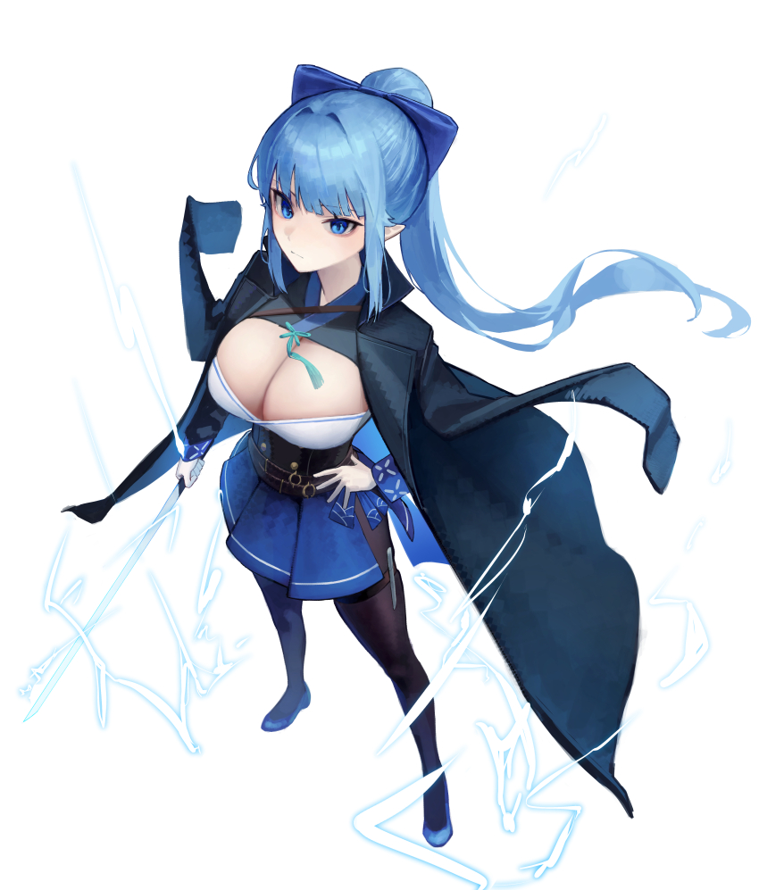 1girl absurdres black_jacket blue_bow blue_eyes blue_hair blue_shoes blue_skirt bow breasts brown_pantyhose cleavage closed_mouth commission electricity from_above full_body hair_bow highres holding holding_sword holding_weapon jacket jacket_on_shoulders large_breasts long_hair looking_at_viewer looking_up original pantyhose pleated_skirt pointy_ears ponytail shoes simple_background skirt solo standing sword very_long_hair weapon white_background yoon_cook