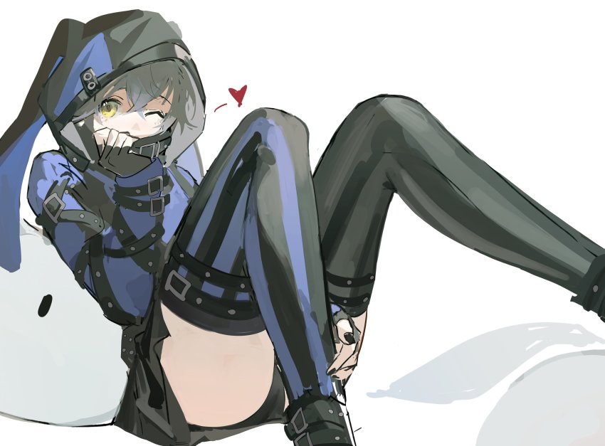 1boy absurdres animal_hood black_boots black_dress black_nails black_panties black_skirt black_thighhighs blue_dress blue_thighhighs boots cosplay crossdressing crossed_bangs dress effole_(fairy_fencer_f) effole_(fairy_fencer_f)_(cosplay) fairy_fencer_f fingerless_gloves gloves grey_hair hair_between_eyes heart high_collar highres hood hood_up ike_eveland long_sleeves looking_at_viewer male_focus multicolored_dress nail_polish nijisanji nijisanji_en one_eye_closed panties pantyshot quilldren_(ike_eveland) rabbit_hood simple_background sitting skirt solo song_(v3wm9a701fvqjxf) striped_clothes striped_thighhighs thighhighs trap underwear vertical-striped_clothes vertical-striped_thighhighs virtual_youtuber white_background yellow_eyes