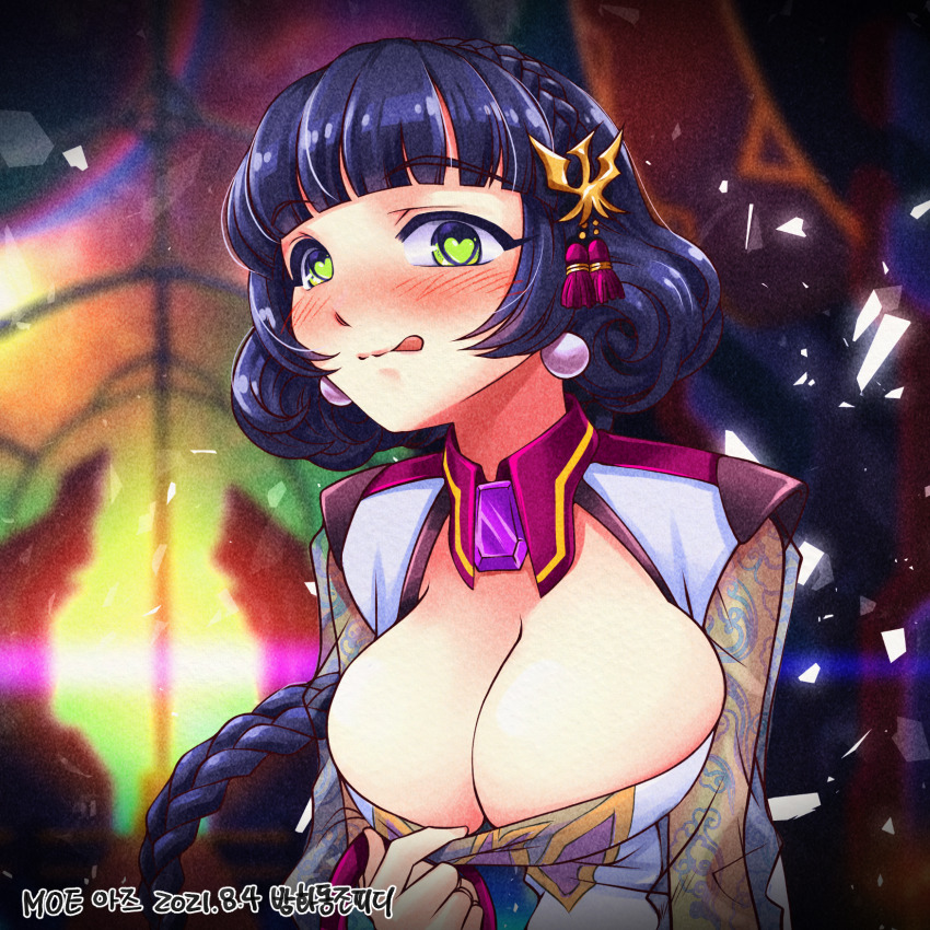 1girl :q artist_name ash_(master_of_eternity) banghwadongjopidi blunt_bangs blush braid breasts character_name china_dress chinese_clothes cleavage cleavage_cutout closed_mouth clothes_pull clothing_cutout commentary copyright_name crown_braid dated dress dress_pull earrings gem green_eyes hair_ornament heart heart-shaped_pupils highres implied_yuri indoors jewelry korean_commentary large_breasts licking_lips long_braid looking_at_viewer master_of_eternity print_sleeves purple_gemstone purple_hair see-through_clothes see-through_sleeves solo symbol-shaped_pupils tassel tongue tongue_out upper_body white_dress