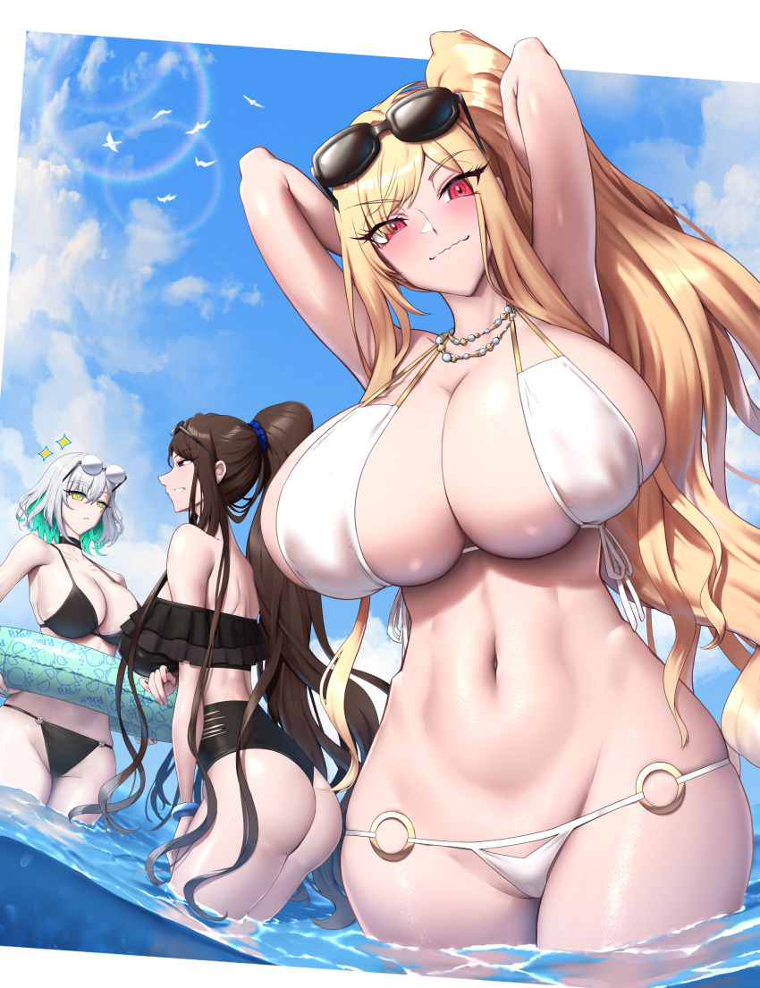 3girls absurdres armpits arms_up ass bare_shoulders bikini black_bikini black_choker black_hair blush breasts choker cleavage closed_mouth collarbone colored_inner_hair day eyewear_on_head green_eyes green_hair highres innertube jewelry large_breasts long_hair looking_at_viewer multicolored_hair multiple_girls navel necklace o-ring o-ring_bikini original outdoors paid_reward_available parted_lips partially_submerged ponytail shiroshisu short_hair sideboob smile stomach sunglasses swim_ring swimsuit very_long_hair water white_hair