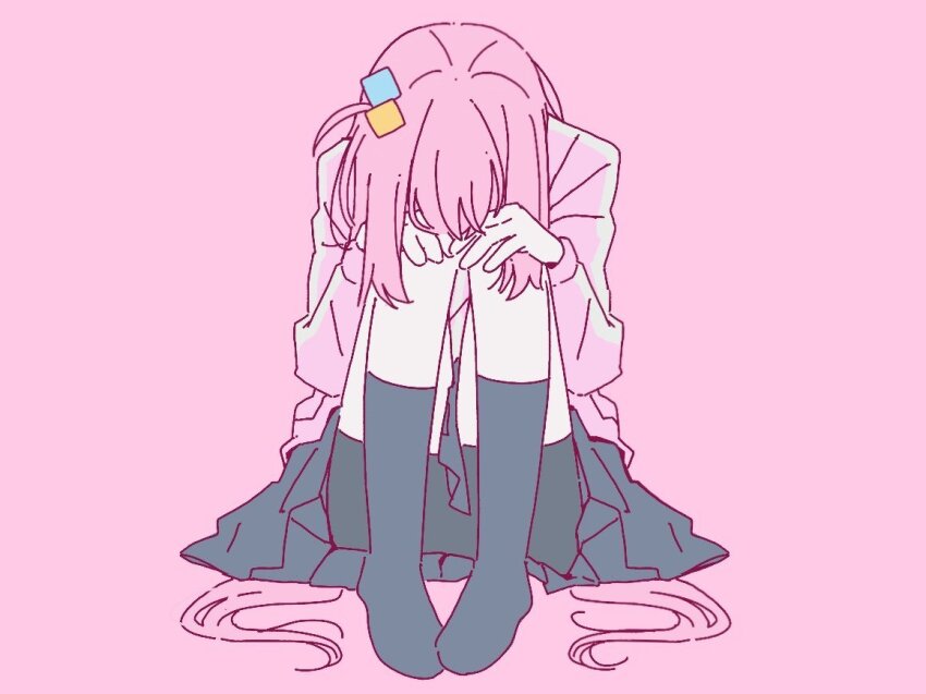 1girl ahoge black_shorts black_skirt black_socks bocchi_the_rock! covering_face cube_hair_ornament gotoh_hitori hair_ornament hands_on_own_knees knees_up long_hair pink_background pink_hair pink_tracksuit shorts simple_background sitting skirt socks solo yunayuispink