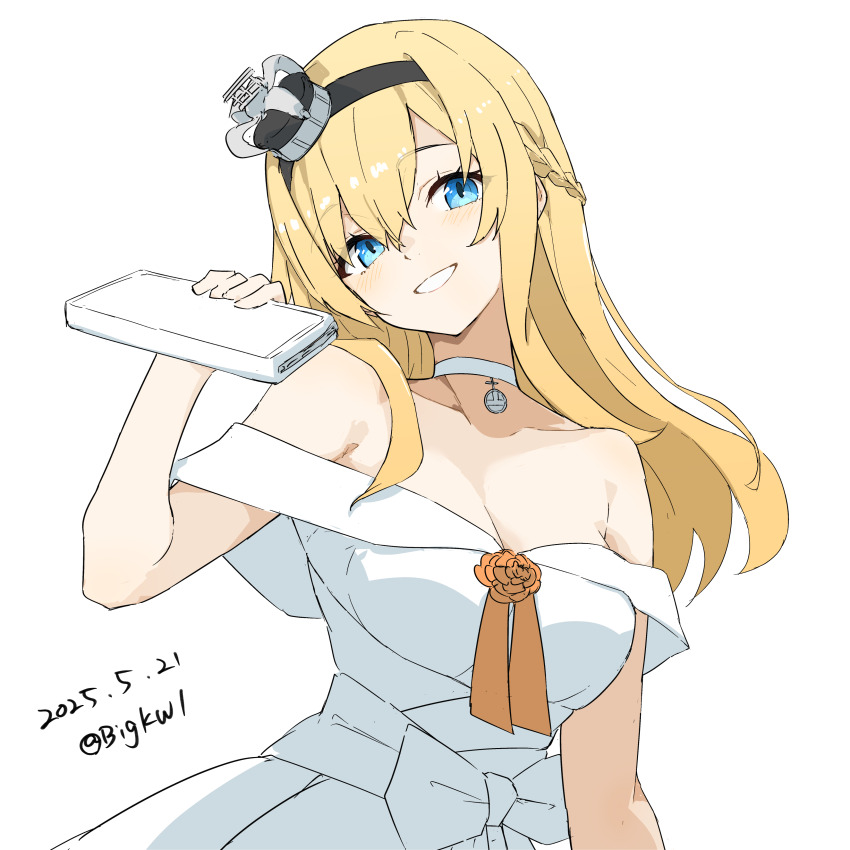 1girl absurdres bigkwl blonde_hair blue_eyes braid breasts choker cleavage corsage crown dated dress flower globus_cruciger hair_between_eyes hairband half_up_braid highres kantai_collection long_hair looking_at_viewer medium_breasts mini_crown off-shoulder_dress off_shoulder official_alternate_costume one-hour_drawing_challenge orange_flower orange_ribbon ribbon simple_background smile solo twitter_username upper_body warspite_(anniversary)_(kancolle) warspite_(kancolle) white_background white_choker white_dress