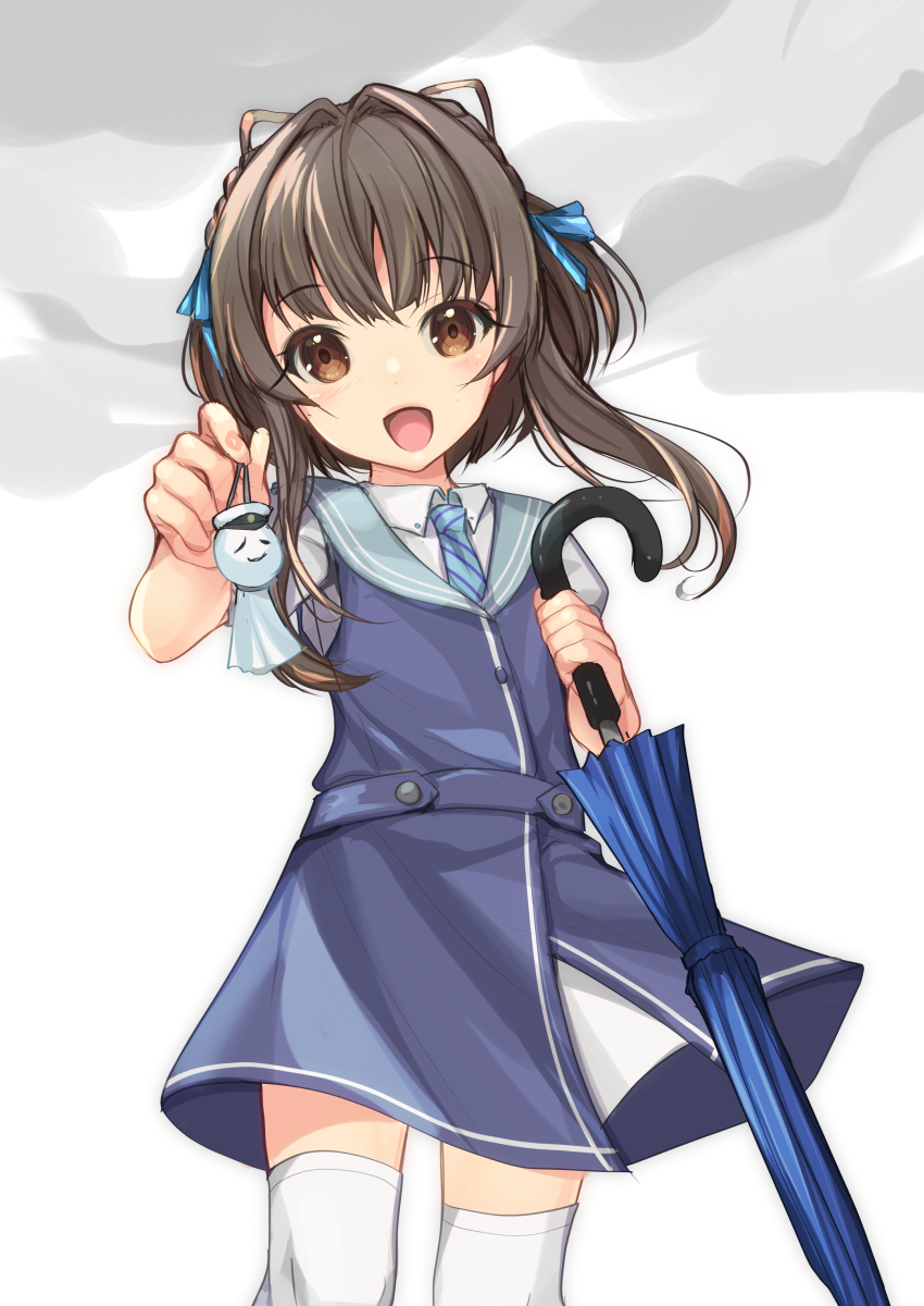 1girl absurdres black_hair blue_dress blue_umbrella braid brown_eyes closed_umbrella cloud commentary_request diagonal-striped_clothes diagonal-striped_necktie dress feet_out_of_frame grey_sailor_collar highres kantai_collection looking_at_viewer necktie ribbon sailor_collar short_hair short_hair_with_long_locks side_braids smile solo striped_clothes striped_necktie teruterubouzu thighhighs ukuru_(kancolle) umbrella white_thighhighs yashin_(yasinz) yellow_ribbon