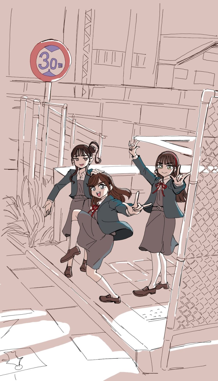 3girls \m/ blue_jacket brown_eyes brown_footwear brown_hair catchu!_(love_live!) closed_mouth collared_shirt commentary_request conodon2 date_sayuri dress grey_dress hair_bun high_school_girls_posing_for_google_street_view_(meme) highres jacket jitone loafers long_hair long_sleeves looking_at_viewer love_live! love_live!_superstar!! medium_hair meme multiple_girls neck_ribbon open_clothes open_jacket open_mouth payton_naomi red_ribbon ribbon school_uniform shirt shoes single_side_bun standing voice_actor white_shirt winter_uniform yabushima_akane yuigaoka_school_uniform