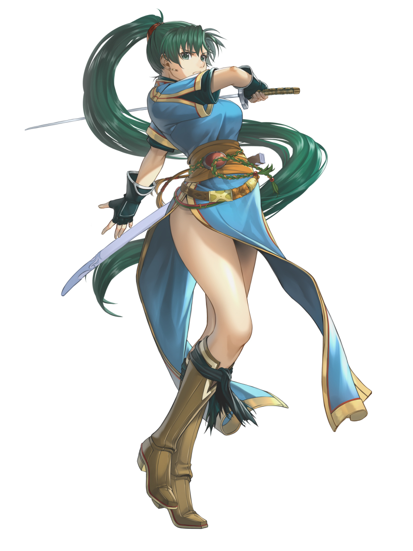 1girl bare_legs black_gloves blue_dress boots breasts brown_boots delsaber dress fingerless_gloves fire_emblem fire_emblem:_the_blazing_blade full_body gloves green_eyes green_hair high_ponytail highres holding holding_sword holding_weapon large_breasts long_hair lyn_(fire_emblem) nintendo ponytail scabbard sheath simple_background solo sword very_long_hair weapon white_background