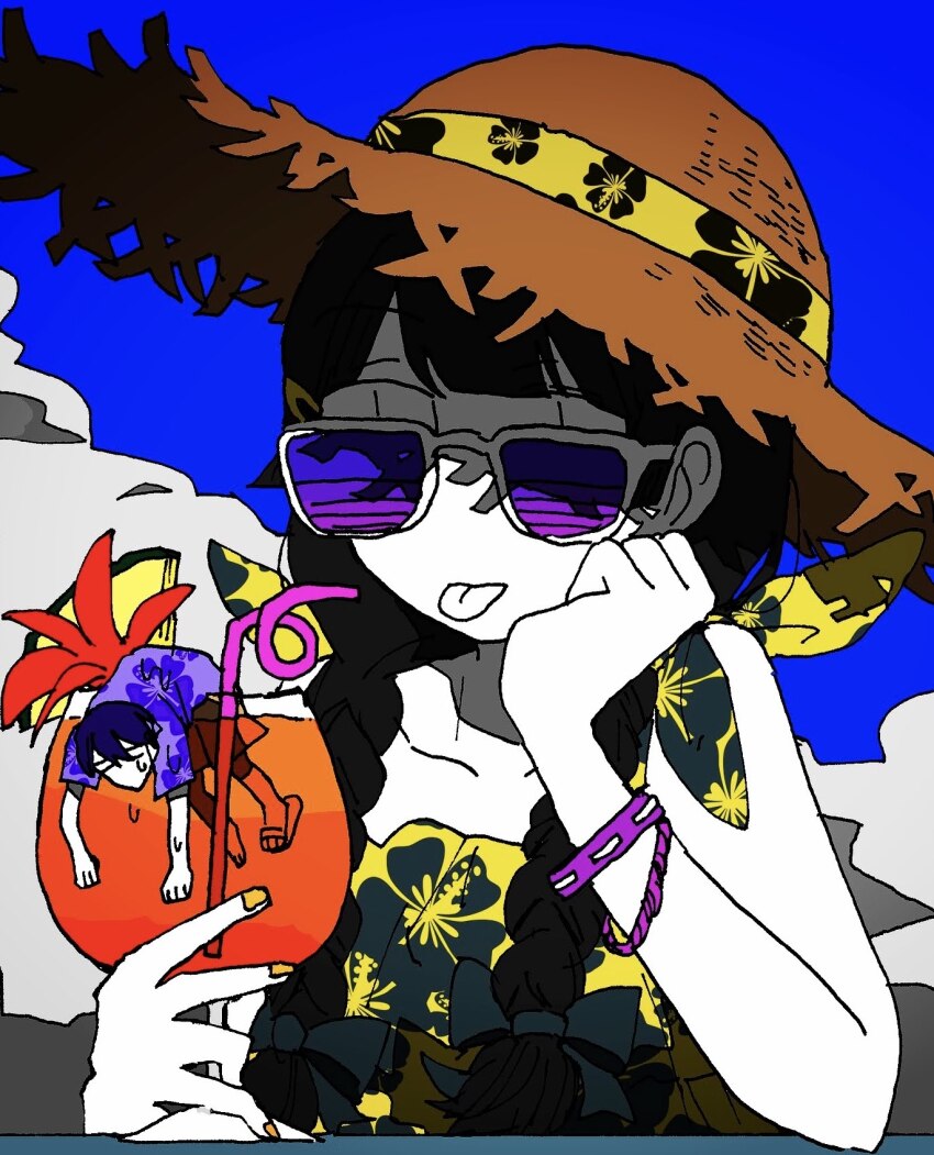1boy 1girl alternate_costume bendy_straw black_dress blue_sky bracelet braid closed_mouth cloud commentary_request dress drinking_straw floral_print floral_print_dress flower_in_drink food hair_over_shoulder hand_on_own_chin hat hawaiian_shirt head_rest highres in_food jewelry kenmochi_touya long_hair looking_at_viewer looking_over_eyewear low_twin_braids mini_person miniboy nijisanji outdoors partially_colored print_dress purple-tinted_eyewear purple_shirt shirt short_hair short_sleeves shouen_(sho_s975) sky spaghetti_strap straw_hat sun_hat sunglasses tinted_eyewear tongue tongue_out tropical_drink tsukino_mito twin_braids two-tone_dress upper_body virtual_youtuber yellow_dress