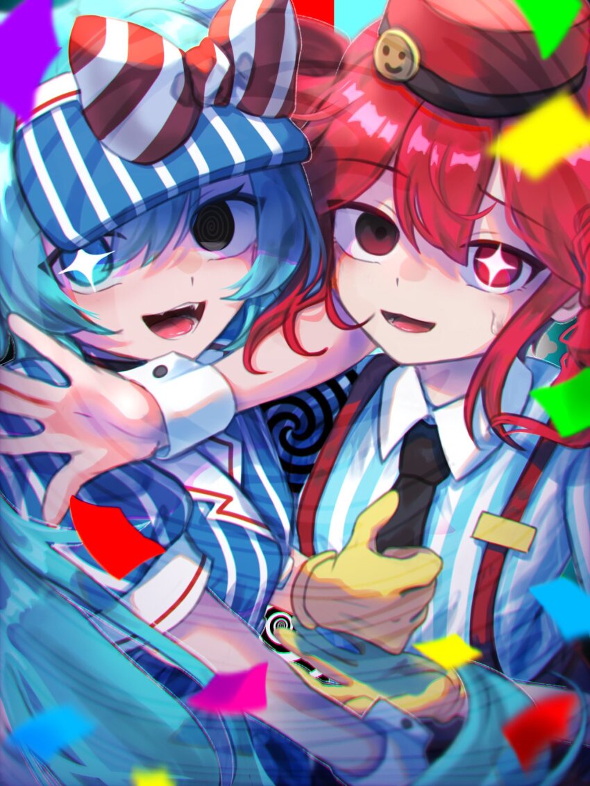 2girls black_eyes black_gloves black_necktie blue_dress blue_eyes bow collared_shirt confetti dress fangs gloves hair_between_eyes hat hat_bow hatsune_miku help_(american_sign_language) heterochromia highres karasu2020_8 kasane_teto kepi mesmerizer_(vocaloid) military_hat multiple_girls necktie open_mouth pinstripe_dress pinstripe_pattern red_bow red_eyes shirt short_sleeves smiley_hat_ornament solid_circle_eyes spiral star-shaped_pupils star_(symbol) striped_bow striped_clothes striped_shirt symbol-shaped_pupils teeth thumbs_up tongue upper_teeth_only utau visor_cap vocaloid white_bow wing_collar