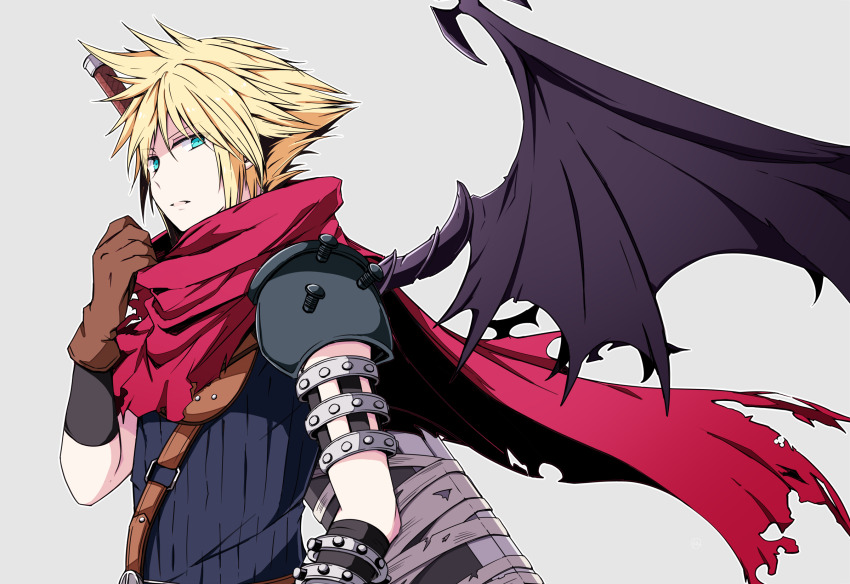 1boy aqua_eyes armor bandages blonde_hair blue_shirt brown_gloves buster_sword cloak cloud_strife demon_wings final_fantasy final_fantasy_vii gloves grey_background hair_between_eyes highres kingdom_hearts looking_at_viewer male_focus nanao_(zonzonsh) official_alternate_costume parted_lips pauldrons red_cloak shirt short_hair shoulder_armor single_pauldron single_wing sleeveless sleeveless_turtleneck solo spiked_hair torn_cloak torn_clothes turtleneck upper_body weapon weapon_on_back wings