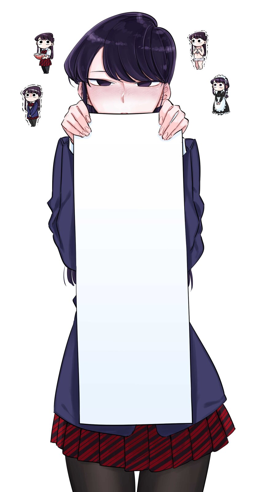 1girl absurdres black_eyes black_hair black_pantyhose blank_page blazer blue_jacket chibi chibi_inset commentary_request cowboy_shot diagonal-striped_clothes diagonal-striped_skirt highres holding holding_paper itan_private_high_school_uniform jacket komi-san_wa_komyushou_desu komi_shouko long_hair looking_at_viewer oda_tomohito pantyhose paper red_skirt school_uniform simple_background skirt standing striped_clothes white_background