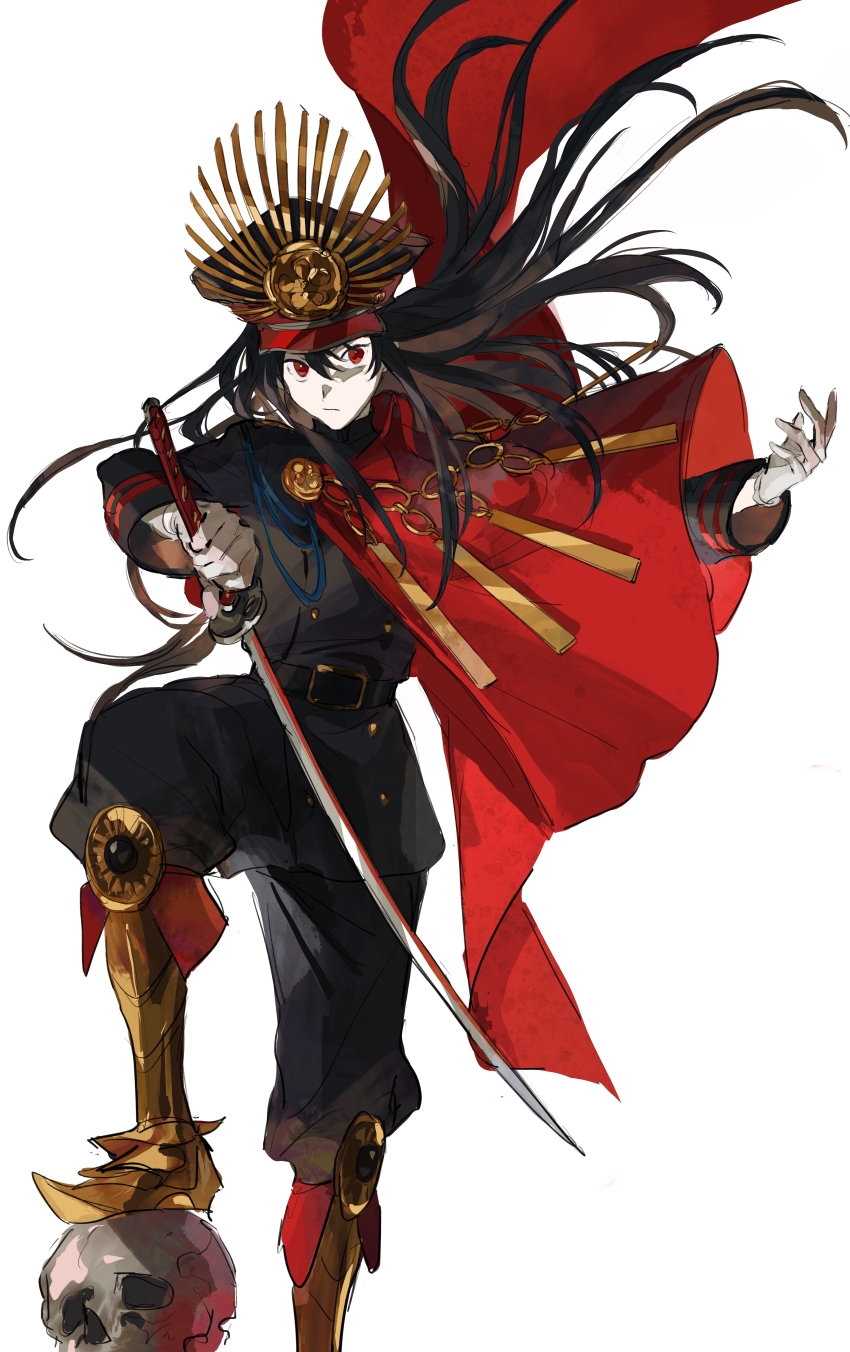 1girl absurdres black_hair black_jacket black_pants cape crest expressionless family_crest fate/grand_order fate_(series) floating_cape floating_hair gloves hat highres holding holding_sword holding_weapon jacket katana koha-ace long_hair looking_at_viewer military_hat mimulishizi oda_nobunaga_(fate) oda_nobunaga_(koha-ace) oda_uri pants peaked_cap red_cape red_eyes simple_background solo standing sword weapon white_background white_gloves
