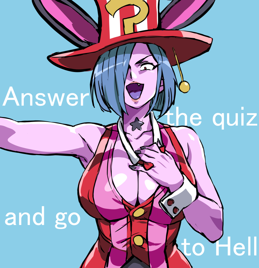 1girl absurdres bare_shoulders bishoujo_senshi_sailor_moon bishoujo_senshi_sailor_moon_s breasts bright_pupils colored_skin cowboy_shot curvy daimon_(sailor_moon) demon_girl detached_collar hat highleg highleg_leotard highres large_breasts leotard mamesi_(suhk8583) open_mouth pink_skin playboy_bunny quiz_(sailor_moon) rabbit_ears revealing_clothes shiny_clothes shiny_skin short_hair simple_background thighs wide_hips