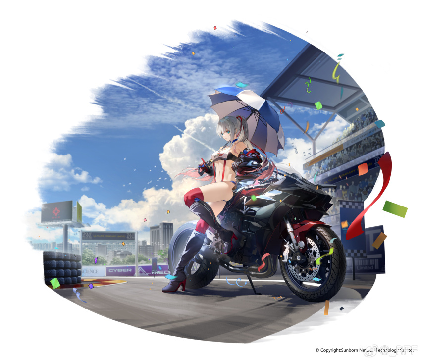 1girl black_boots blue_sky boots breasts building chinese_commentary cloud cloudy_sky commentary_request company_name copyright_notice day from_side full_body girls&#039;_frontline girls&#039;_frontline_neural_cloud grey_hair helmet high_heel_boots high_heels highres holding holding_umbrella lam_(cacophonous_rider)_(neural_cloud) lam_(neural_cloud) leaning_against_motorcycle light_smile long_hair lwmmg_(girls&#039;_frontline) motor_vehicle motorcycle motorcycle_helmet navel official_alternate_costume official_art outdoors race_queen racetrack rff_(3_percent) sky solo stomach umbrella watermark weibo_watermark white_background