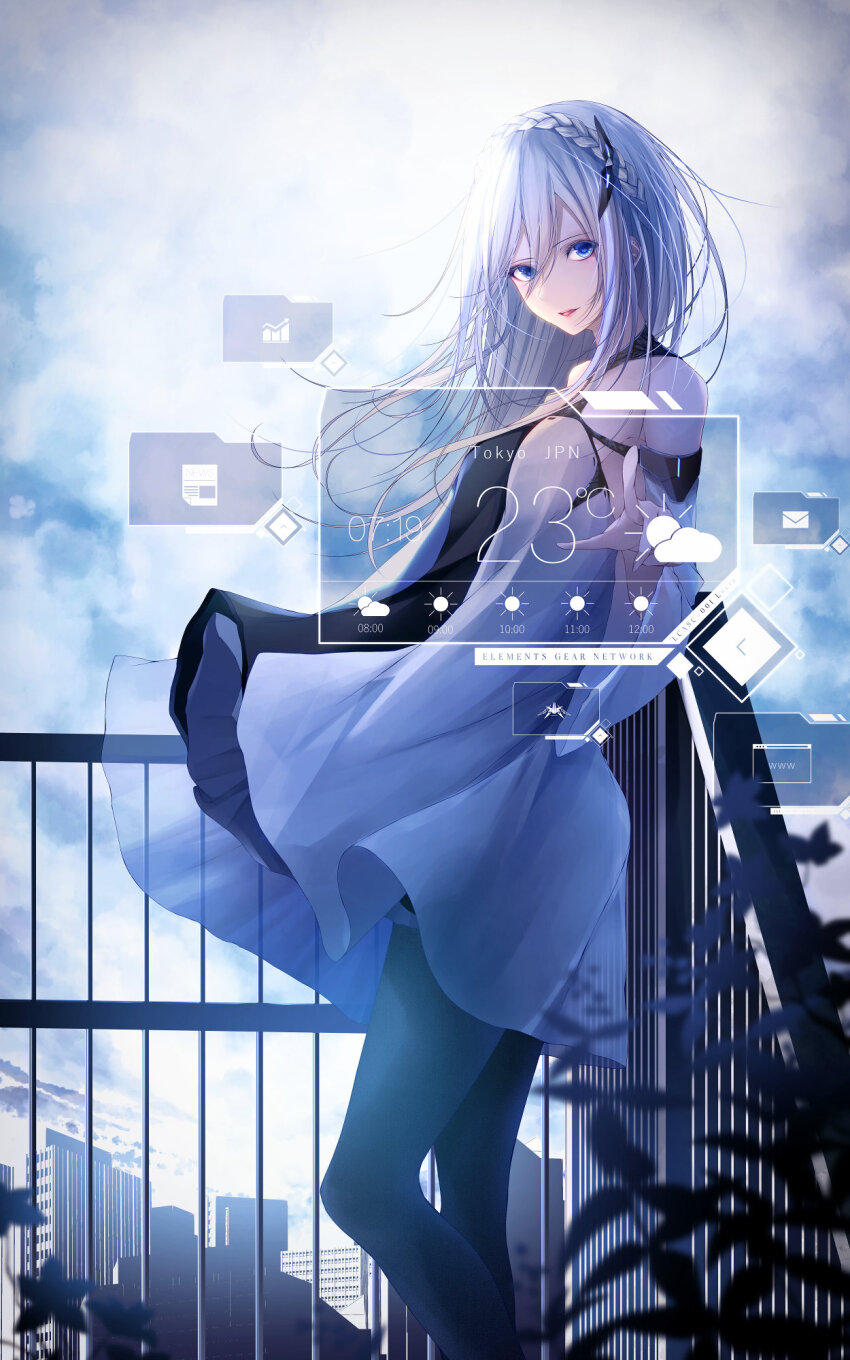 1girl arms_behind_back blurry blurry_foreground braid building cityscape cloud code:qualia cropped_legs crown_braid detached_sleeves dress hair_ornament highres holographic_interface leaf leaning_on_object long_hair lucia_(code:qualia) off-shoulder_dress off_shoulder original parted_lips purple_eyes purple_hair railing sky solo standing thighhighs yoaferia