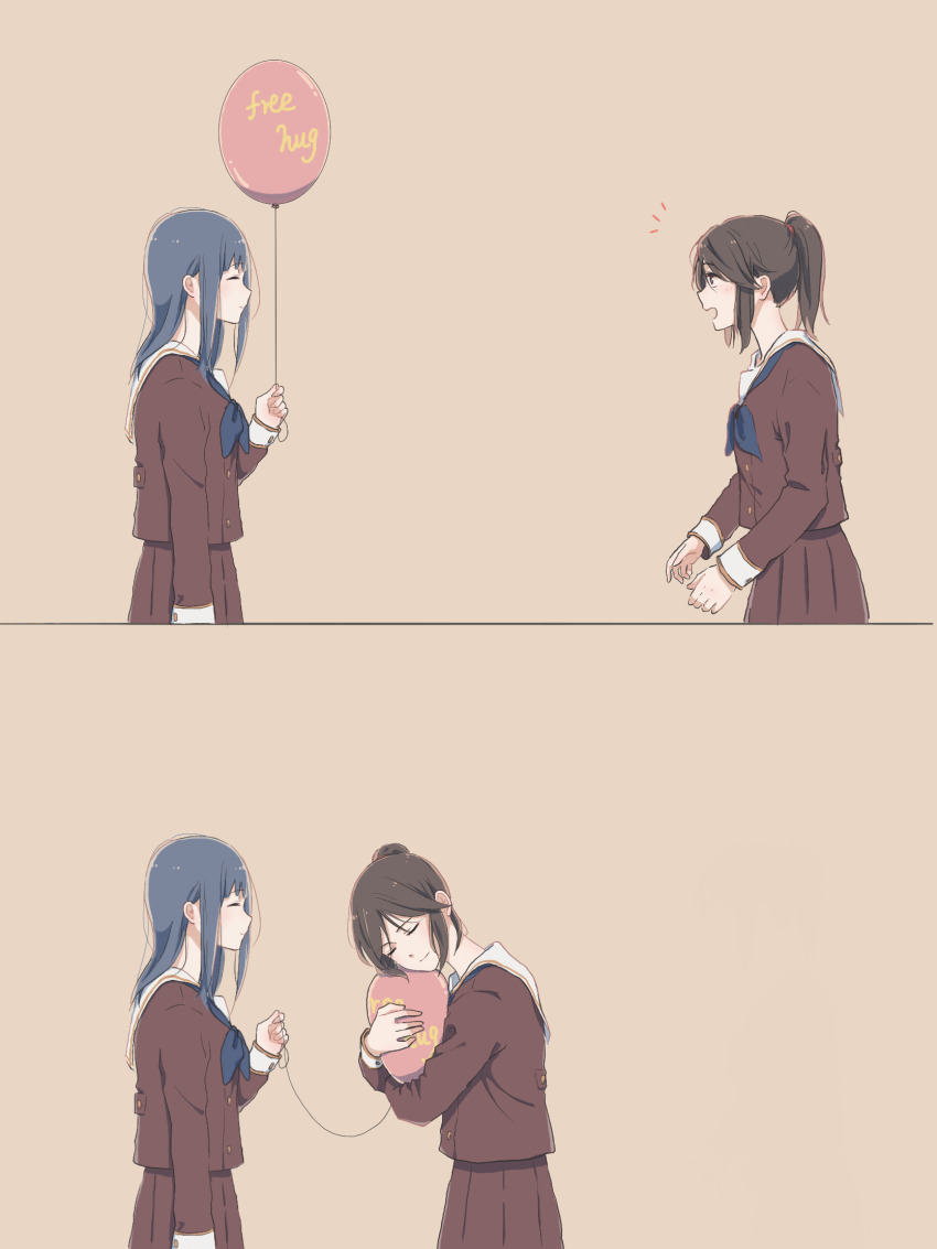2girls balloon black_dress blue_hair closed_eyes dress free_hugs hibike!_euphonium highres holding holding_balloon kasaki_nozomi liz_to_aoi_tori long_hair long_sleeves looking_at_another lyy multiple_girls hugging_object open_mouth ponytail school_uniform sepia_background simple_background smile yoroizuka_mizore