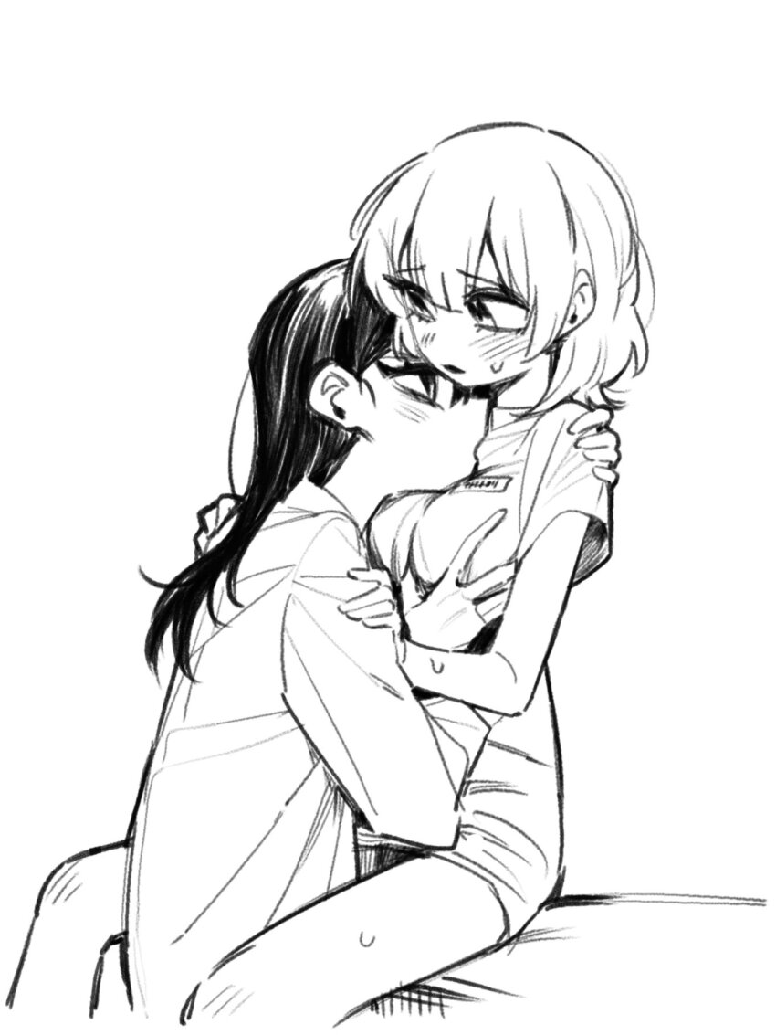 2girls bang_dream! bang_dream!_it&#039;s_mygo!!!!! between_legs blush breasts commentary greyscale highres kaname_raana knee_blush long_hair medium_breasts medium_hair monochrome multiple_girls neonfloyd nurse open_mouth shiina_taki short_sleeves sitting sweatdrop yuri