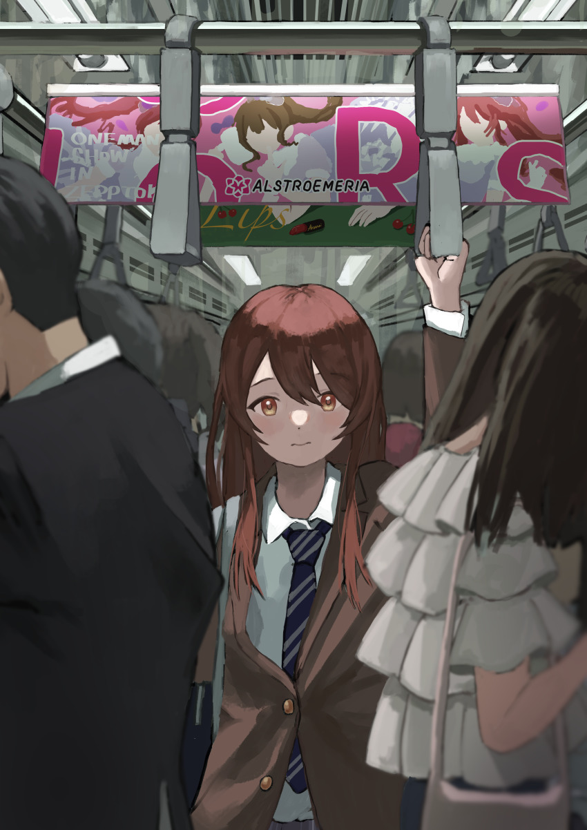 1_kozin 1boy 2girls 3others absurdres ad alstroemeria_(idolmaster) arm_up brown_hair brown_jacket collared_shirt commentary_request crowd crowded dress_shirt english_text hand_up highres idolmaster idolmaster_shiny_colors jacket kuwayama_chiyuki lipps_(idolmaster) looking_at_viewer mixed-language_commentary multiple_girls multiple_others necktie osaki_amana osaki_tenka school_uniform shaded_face shirt striped_necktie train train_interior unbuttoned white_shirt yellow_eyes