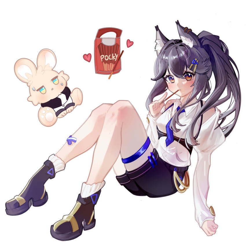1girl absurdres animal_ear_fluff animal_ear_piercing animal_ears arknights bare_shoulders black_hair black_shorts chinese_commentary commentary_request food full_body hair_between_eyes hair_ornament hairclip highres holding holding_food holding_pocky knees_together_feet_apart knees_up long_hair looking_at_viewer necktie orange_eyes pocky ponytail purple_necktie shirt shorts sidelocks simple_background sleeves_past_wrists solo texas_(arknights) thigh_strap white_background white_shirt wolf_ears wolf_girl yongyibainianlaiqiming