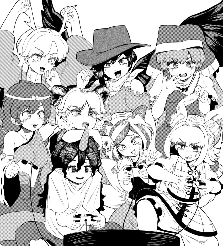6+girls animal_ears antlers apron bandana bow breasts clenched_hands commentary_request cowboy_hat curled_horns dog_ears dog_girl double_bun fangs feathered_wings feet_out_of_frame greyscale hair_bow hair_bun haniyasushin_keiki hat headscarf highres horns indoors joutouguu_mayumi kicchou_yachie kurokoma_saki long_hair medium_breasts mitsugashira_enoko monochrome multicolored_hair multiple_girls open_mouth playstation_controller pointy_ears sharp_teeth shika_miso shirt short_hair simple_background single_horn single_strap sitting smile son_biten standing streaked_hair teeth television tenkajin_chiyari touhou toutetsu_yuuma v-shaped_eyebrows wings