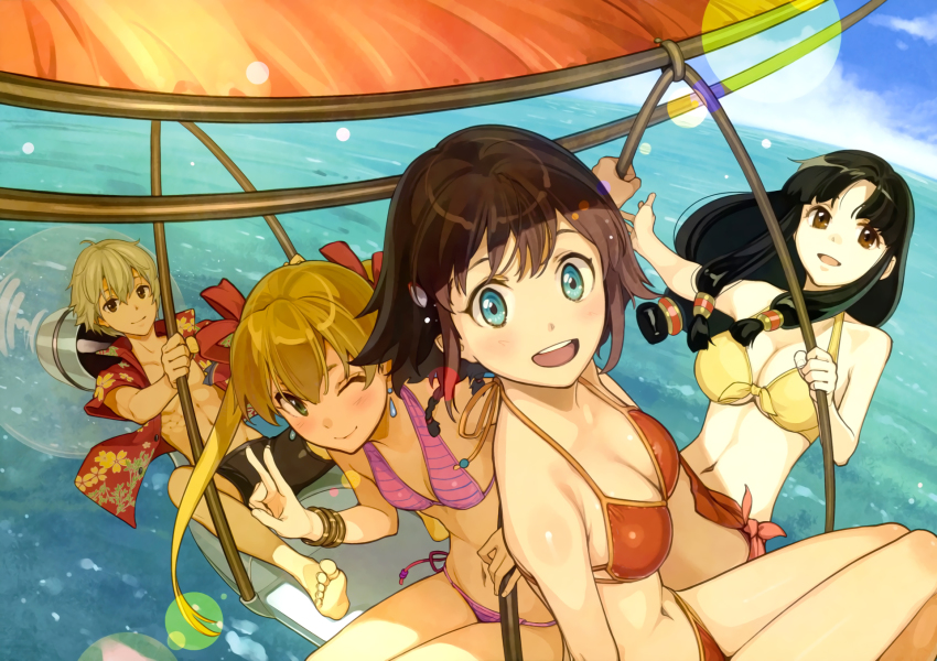 10s 1boy 3girls :d ;) amy_(suisei_no_gargantia) bangle bare_legs barefoot bike_shorts bikini black_hair blue_eyes blush bracelet breasts brown_eyes brown_hair day earrings floral_print front-tie_bikini_top front-tie_top grey_hair hair_ribbon hair_tubes hang_gliding hawaiian_shirt hidari_(left_side) highres horizon jewelry ledo_(suisei_no_gargantia) lens_flare long_hair looking_at_viewer low-tied_long_hair medium_breasts melty_(suisei_no_gargantia) multiple_girls navel ocean ok_sign one_eye_closed open_clothes open_mouth open_shirt outdoors pink_bikini red_bikini red_ribbon ribbon saaya_(suisei_no_gargantia) shirt side-tie_bikini_bottom sidelocks sky small_breasts smile striped_bikini striped_clothes suisei_no_gargantia swimsuit third-party_edit toned twintails yellow_bikini