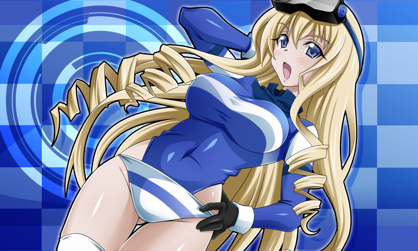 1girl arm_behind_head artist_request blonde_hair blue_eyes blush breasts cecilia_alcott covered_navel drill_hair gloves goggles goggles_on_head hand_on_own_hip highres infinite_stratos large_breasts legs leotard looking_at_viewer model_pose official_art open_mouth smile solo thighs tongue