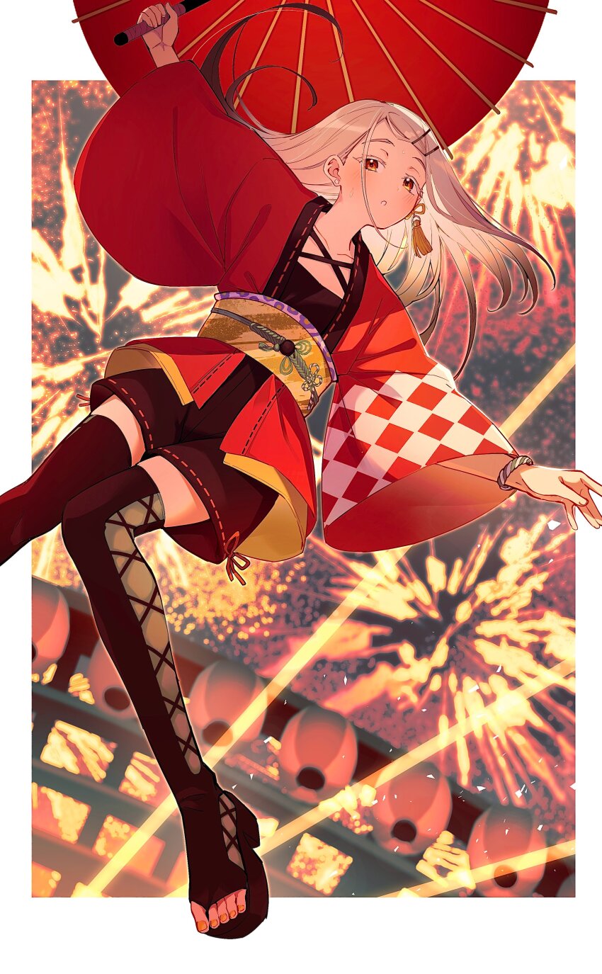 1girl absurdres aerial_fireworks arm_up black_shorts black_thighhighs blurry blurry_background blush border bracelet brown_sandals checkered_clothes checkered_kimono collarbone colored_eyelashes earrings fireworks flat_chest floating_hair from_below gakuen_idolmaster hair_ornament hairclip highres holding holding_umbrella idolmaster japanese_clothes jewelry kamurogiku_(idolmaster) kimono knees_together_feet_apart lantern laser light_brown_hair long_hair looking_at_viewer looking_down nail_polish obi obiage obijime oil-paper_umbrella orange_eyes orange_nails outside_border paper_lantern red_kimono red_ribbon red_umbrella ribbon ribbon-trimmed_shorts ribbon_trim sandals sash shinosawa_hiro shorts solo sweat tamago_sando thighhighs toenails umbrella white_border yellow_sash
