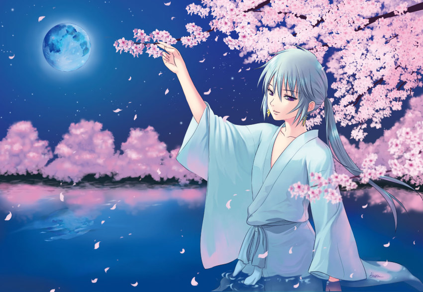 1boy androgynous cherry_blossoms earrings full_moon jewelry kasyu_(pixiv412049) lake light_smile male_focus moon musou_orochi night night_sky ponytail purple_eyes reflection robe silver_hair sky solo star_(sky) taigong_wang_(musou_orochi) trap tree
