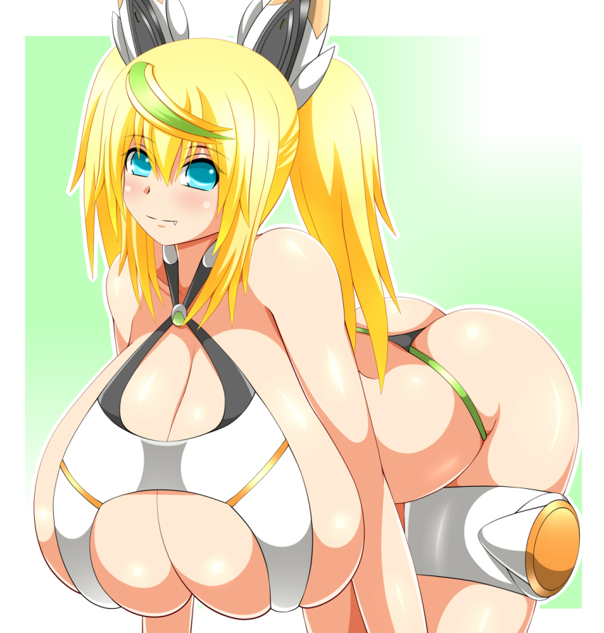 1girl 60 all_fours ass blonde_hair blue_eyes breasts female_focus gene_(pso2) gigantic_breasts gradient_background highres phantasy_star phantasy_star_online_2 solo twintails