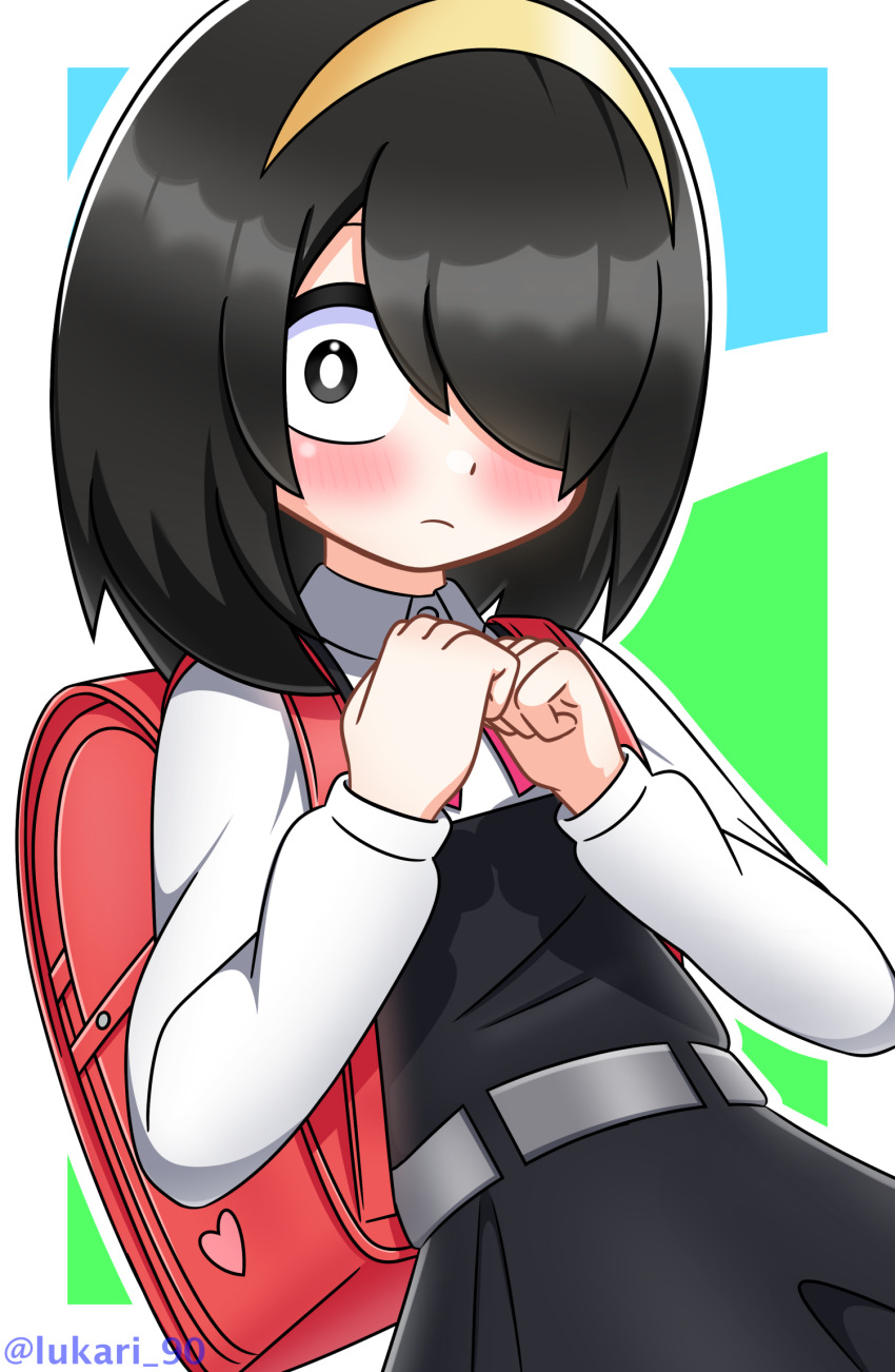 1girl artist_name backpack bag black_dress black_eyes black_hair blue_background blush child closed_mouth dot_nose dress embarrassed expressionless eyebrows female_focus green_background hair_over_one_eye hairband hands_up jijou_wo_shiranai_tenkousei_ga_guigui_kuru. long_sleeves looking_at_viewer lukari matching_hair/eyes medium_hair nishimura_akane randoseru shirt simple_background sleeveless sleeveless_dress solo upper_body white_background white_shirt yellow_hairband