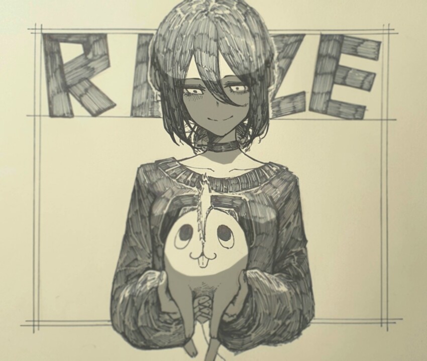 1girl artist_name black_choker black_hair chainsaw chainsaw_man choker epeulu_(ate5424) hair_between_eyes hair_bun hatching_(texture) linear_hatching pochita_(chainsaw_man) reze_(chainsaw_man) short_hair single_hair_bun smile sweater tongue tongue_out