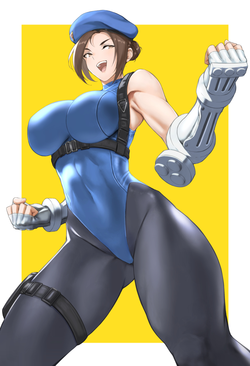 1girl absurdres alternate_costume anagumasan bare_shoulders beret blue_hat blue_leotard breasts brown_eyes brown_hair clenched_hands commentary_request covered_navel duplicate fingerless_gloves gloves hair_bun hat highleg highleg_leotard highres holster juli_(street_fighter) large_breasts leotard open_mouth pantyhose pixel-perfect_duplicate simple_background skin_tight sleeveless smile solo street_fighter street_fighter_zero_(series) teeth thigh_holster turtleneck yellow_background