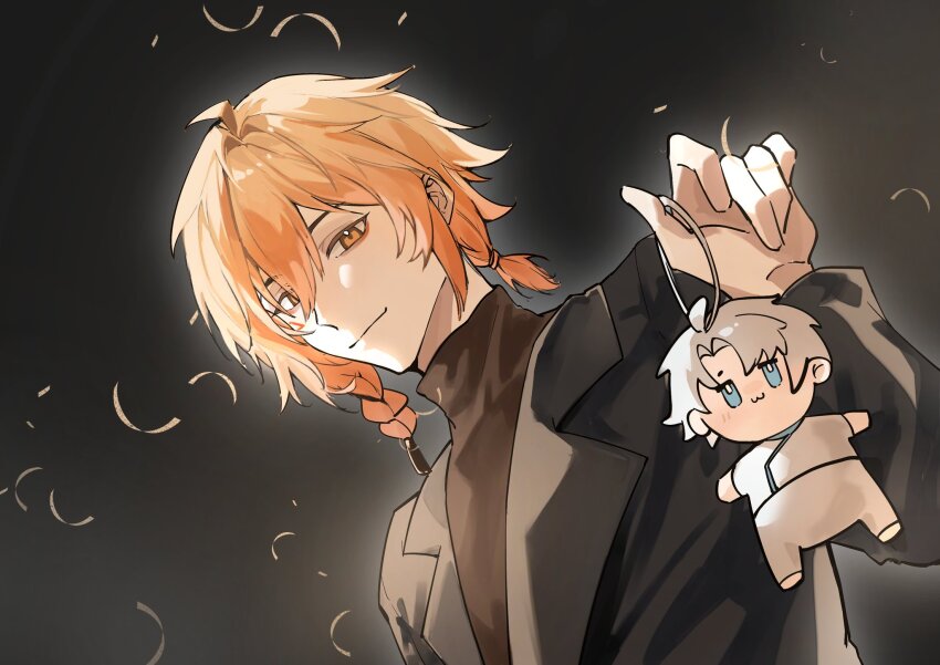2boys :3 ahoge awu72173699 black_jacket black_shirt blonde_hair braid character_charm character_doll charm_(object) commentary facial_tattoo gradient_hair hair_between_eyes highres holding holding_charm honkai:_star_rail honkai_(series) jacket looking_at_object male_focus medium_hair multicolored_hair multiple_boys mydei_(chrysos_chef)_(honkai:_star_rail) mydei_(honkai:_star_rail) pants phainon_(honkai:_star_rail) ponytail red_hair red_tattoo shirt side_braid tattoo turtleneck white_hair white_pants white_shirt yellow_eyes
