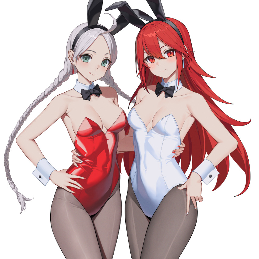 2girls absurdres ahoge bare_shoulders black_bow black_bowtie blue_eyes bow bowtie braid breasts caeldori_(fire_emblem) commission commissioner_upload covered_navel crystal_earrings detached_collar dhokidoki earrings fire_emblem fire_emblem_fates hairband hand_on_another&#039;s_waist highres jewelry leotard licking_lips long_hair looking_at_viewer low_twin_braids low_twintails medium_breasts multiple_girls nail_polish nina_(fire_emblem) nintendo non-web_source pantyhose parted_bangs red_eyes red_hair red_leotard red_nails strapless strapless_leotard tongue tongue_out transparent_background twin_braids twintails white_leotard white_nails white_wrist_cuffs wrist_cuffs