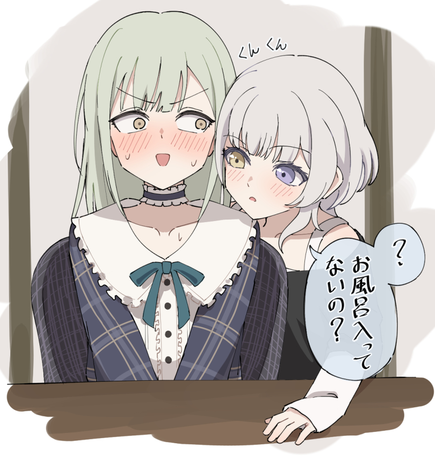 2girls bang_dream! bang_dream!_it&#039;s_mygo!!!!! blue_choker blue_dress blue_eyes blush choker commentary_request dress frilled_choker frills green_hair heterochromia highres kaname_raana long_hair multiple_girls neck_ribbon plaid_clothes plaid_dress ribbon short_hair sweatdrop tatama translation_request wakaba_mutsumi white_hair yellow_eyes