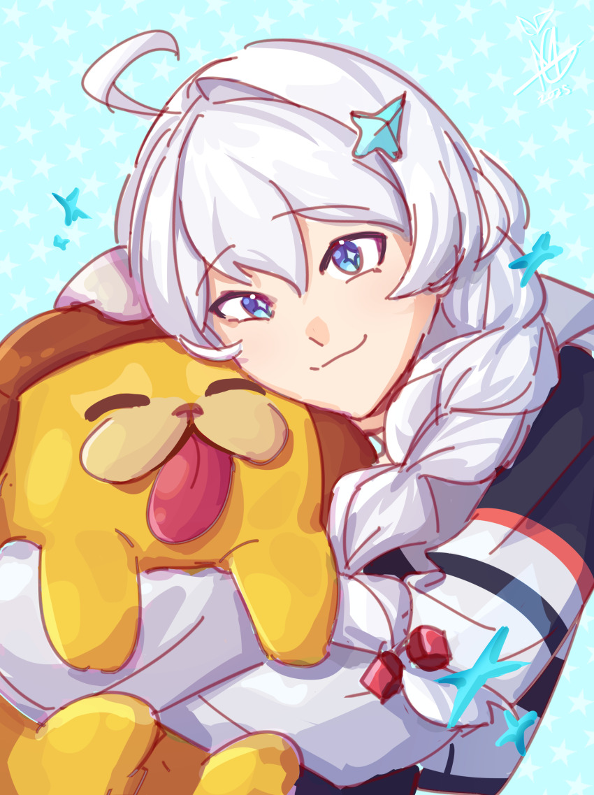 1girl absurdres ahoge blue_eyes braid commentary english_commentary hair_between_eyes hair_ornament highres honkai:_nexus_anima honkai_(series) hug jacket kiana_kaslana long_sleeves mscheckacheck upper_body white_hair