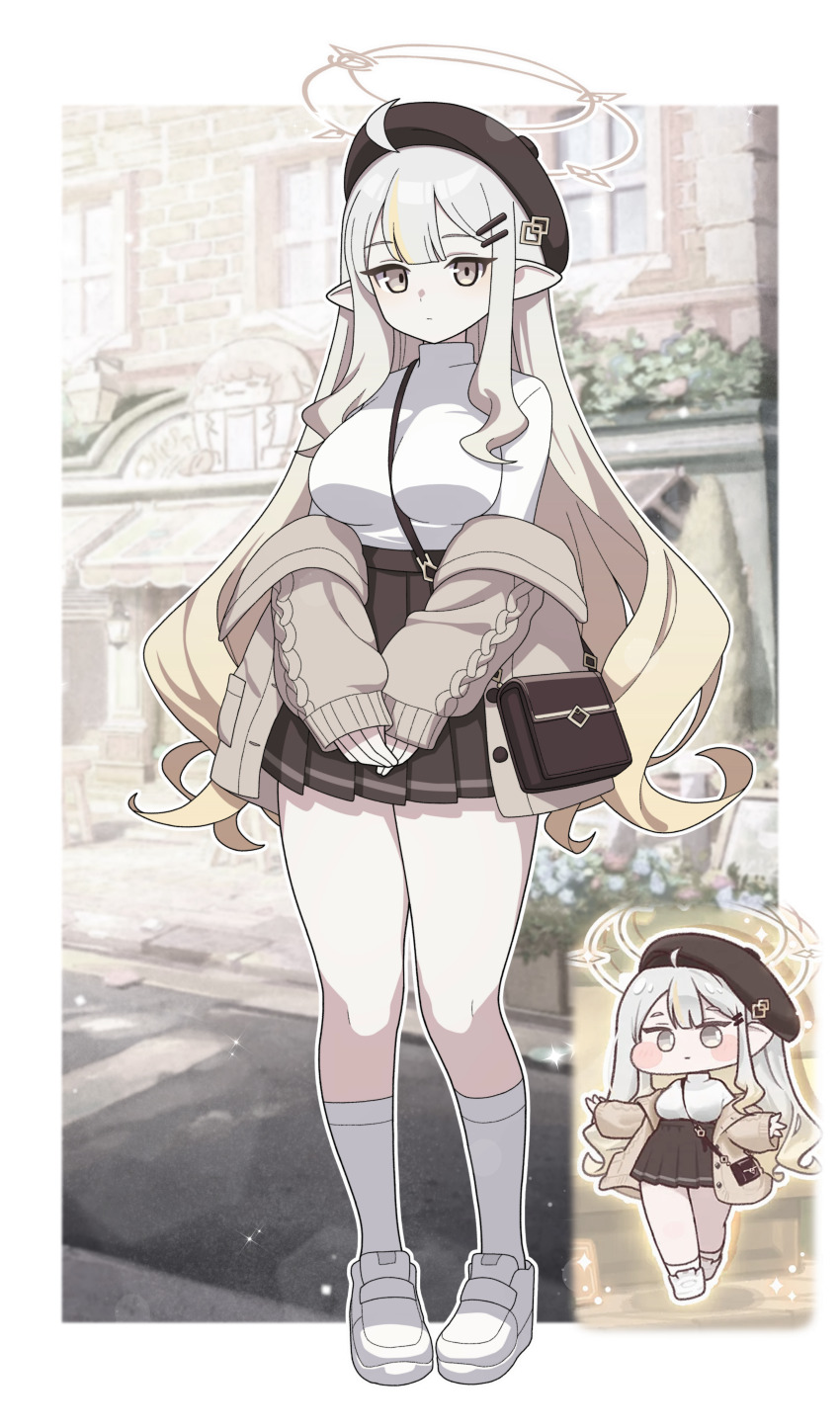 1girl absurdres ahoge awning bag between_breasts blonde_hair blue_flower breasts brick_wall brown_cardigan brown_halo brown_hat brown_skirt building cardigan cardigan_partially_removed closed_mouth commentary double-parted_bangs expressionless flower full_body gradient_hair grey_eyes grey_hair hair_ornament hairclip halo hat hat_ornament high-waist_skirt highres large_breasts light_particles long_hair long_sleeves looking_at_viewer multicolored_hair outdoors parallel_hairclips pink_flower pleated_skirt pointy_ears reference_inset renewa_(trickcal) road shoes shoulder_bag signboard skirt sleeves_past_wrists socks solo standing strap_between_breasts streaked_hair street sweater thighs tile_floor tiles trickcal turtleneck turtleneck_sweater vector_(dmlddmld00) wall_lamp white_shoes white_socks white_sweater window