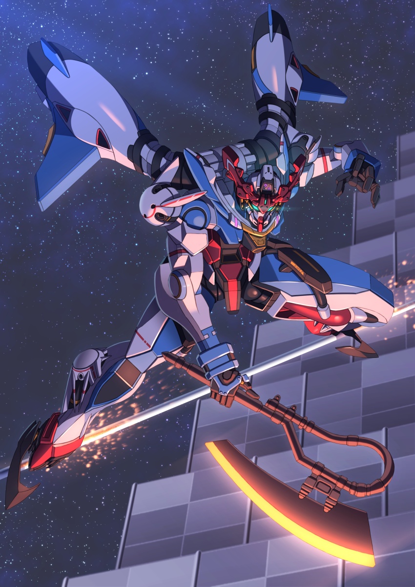 absurdres axe commentary full_body glowing glowing_eyes gquuuuuux green_eyes gundam gundam_gquuuuuux heat_hawk highres holding holding_axe holding_weapon ka_ki_o looking_at_viewer mecha mecha_focus mobile_suit no_humans robot science_fiction solo space space_habitat star_(sky) v-fin weapon