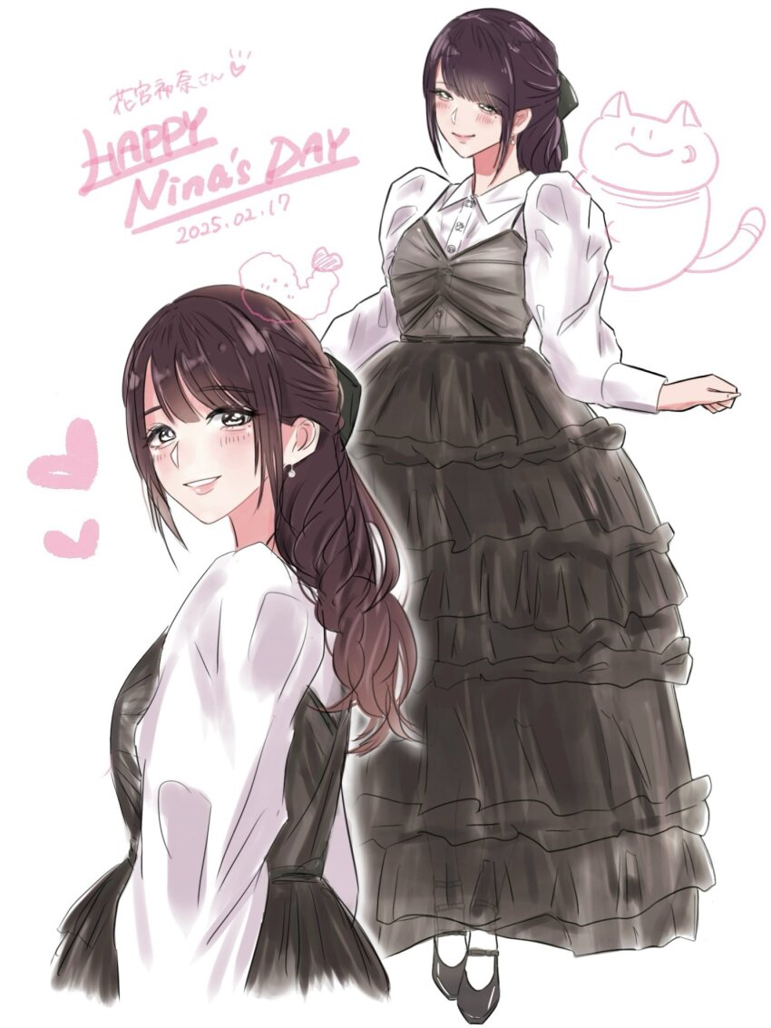 1girl 217find! animification ayame_(ay_3n) black_dress blush brown_hair cat collared_shirt commentary_request dated doodle_inset dress dress_shirt food grin half_updo hanamiya_nina heart highres long_hair long_sleeves mole mole_under_eye multiple_views pinafore_dress real_life shirt shrimp shrimp_tempura sleeveless sleeveless_dress smile tempura voice_actor white_background white_shirt