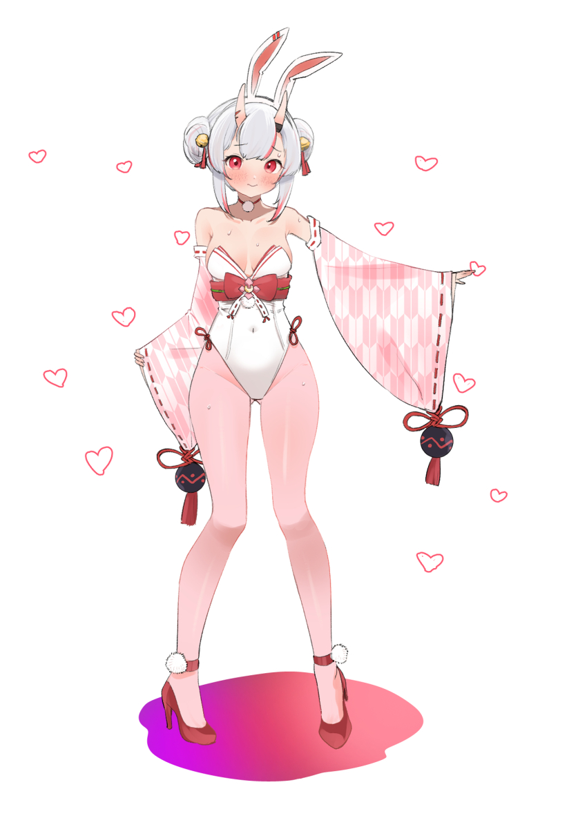 1girl alternate_costume bell blush breasts cleavage covered_navel detached_sleeves double_bun full_body gluteal_fold hair_bell hair_bun hair_ornament high_heels highres hololive horns kani_bonara leotard long_sleeves looking_at_viewer multicolored_hair nakiri_ayame pantyhose pink_pantyhose playboy_bunny red_eyes red_footwear red_hair ribbon-trimmed_sleeves ribbon_trim simple_background skin-covered_horns small_breasts solo standing streaked_hair virtual_youtuber white_background white_hair wide_sleeves yagasuri