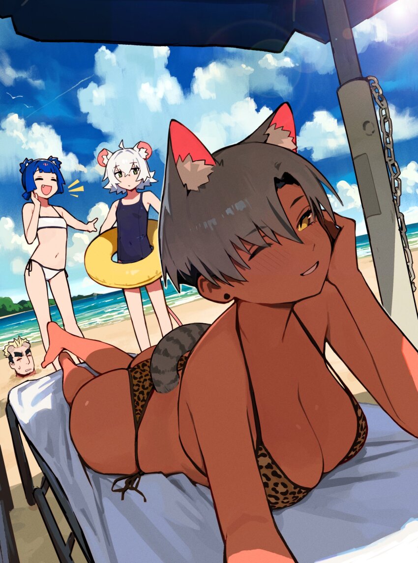 1boy 3girls :d ;) ahoge animal_ear_fluff animal_ears animal_print ass bare_arms bare_legs bare_shoulders barefoot beach beach_chair bikini blue_hair blue_one-piece_swimsuit blue_sky breasts buried cat_ears cat_tail cleavage closed_eyes cloud commentary dark-skinned_female dark_skin day earrings english_commentary extra_ears fang go!_go!_gris! grey_hair grin gris_(go!_go!_gris!) highres innertube jewelry kara_(go!_go!_gris!) large_breasts leopard_print light_blush lying multiple_girls navel on_stomach one-piece_swimsuit one_eye_closed open_mouth outdoors parasol parted_lips perl_(go!_go!_gris!) pointing print_bikini short_hair side-tie_bikini_bottom sky small_breasts smile stud_earrings swim_ring swimsuit tail umbrella vertigris white_bikini white_hair yellow_eyes yellow_innertube