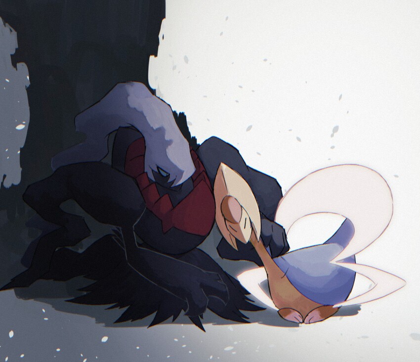 ashita_mo black_eyes blue_sclera closed_eyes colored_sclera cresselia darkrai gen_4_pokemon highres legendary_pokemon looking_at_another lying mythical_pokemon nintendo no_humans pokemon pokemon_(creature) shadow sitting slit_pupils