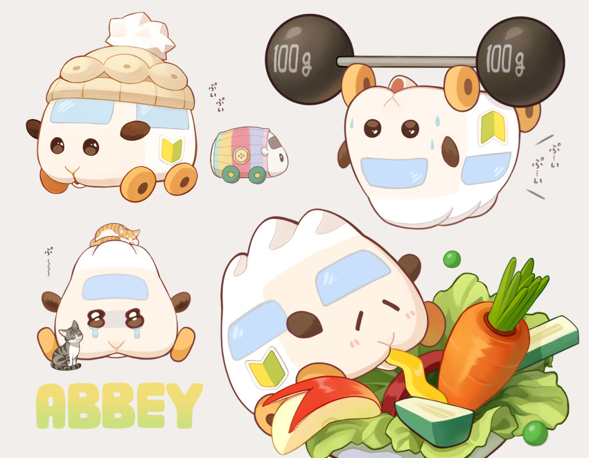 abbey_(pui_pui_molcar) animal_focus apple apple_slice black_eyes bowl carrot cat cucumber eating ekoru exercising flower food fruit grey_background guinea_pig highres long_hair molcar motor_vehicle no_humans open_mouth pui_pui_molcar shoshinsha_mark simple_background smile sweat sweater vegetable weightlifting wheel