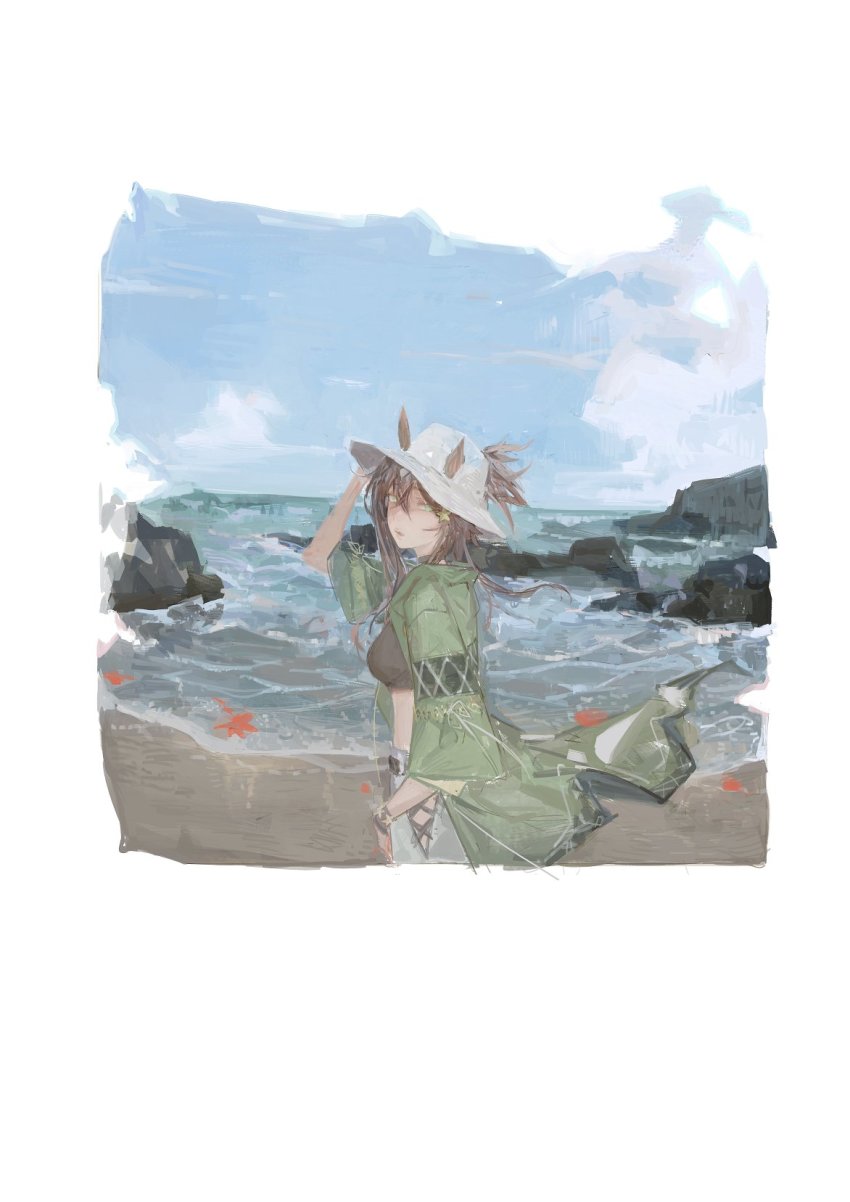 1girl animal_ears arknights black_choker black_shirt blue_sky bracelet breasts choker cowboy_shot crop_top day ears_through_headwear green_eyes green_jacket hair_between_eyes hair_ornament hand_on_headwear highres horse_ears jacket jewelry long_hair long_sleeves looking_at_viewer looking_back medium_breasts meteor_(arknights) meteor_(bard&#039;s_holiday)_(arknights) navel official_alternate_costume open_clothes open_jacket outdoors pants parted_lips pipidan ponytail shirt simple_background sky solo star_(symbol) star_hair_ornament stomach white_headwear white_pants