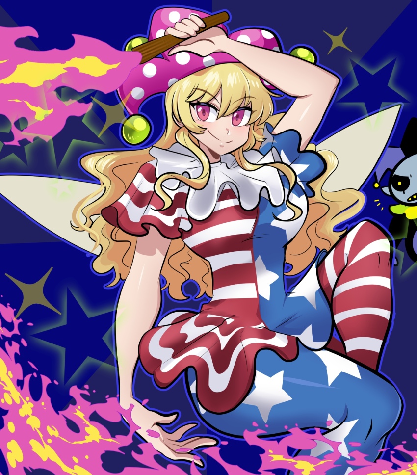 1boy 1girl aged_up american_flag_dress american_flag_legwear arm_over_head blonde_hair blue_background blue_dress blue_pantyhose breasts clownpiece commentary crossover deltarune dress english_commentary fairy fairy_wings fire flag_print hat highres jester_cap jevil large_breasts long_hair looking_at_viewer missandydandy multicolored_dress multicolored_pantyhose narrow_waist neck_ruff pantyhose pink_eyes pink_fire pink_hat polka_dot_hat red_dress red_pantyhose short_sleeves smile solo_focus star_(symbol) star_print star_symbol_background striped_clothes striped_dress torch touhou wings