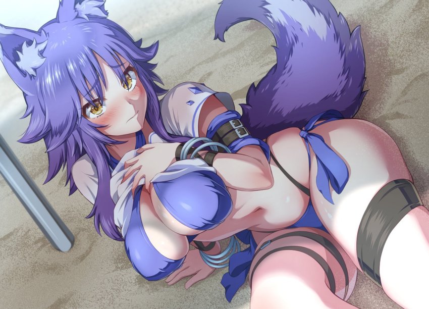 1girl animal_ear_fluff animal_ears arm_strap bikini blush bracelet breasts brown_eyes cleavage closed_mouth clothes_lift criss-cross_halter halterneck hand_on_own_chest jewelry large_breasts looking_at_viewer makoto_(princess_connect!) makoto_(summer)_(princess_connect!) medium_hair navel princess_connect! purple_bikini purple_hair sand shirt shirt_lift short_sleeves sidelocks solo swimsuit tail thigh_strap thighs urayama_(backmountain) wet wet_clothes wet_shirt wolf_ears wolf_girl wolf_tail