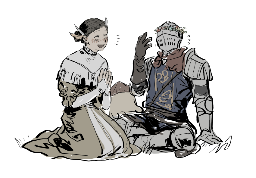 192_saioma 1girl 1other ambiguous_gender armor armored_boots blue_tunic boots braid brown_hair capelet chosen_undead clapping closed_eyes commentary dark_souls_(series) dark_souls_i dress dusk_of_oolacile full_body gauntlets grey_dress head_wreath highres indian_style knight long_dress open_mouth pauldrons short_hair shoulder_armor simple_background sitting smile tunic white_background white_capelet