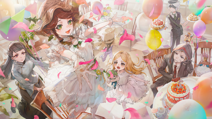 3boys 3girls :d absurdres asymmetrical_gloves balloon barefoot black_gloves black_hair black_headwear black_jacket black_skirt blonde_hair blue_skin blush braid brown_hair cake cat chair chinese_clothes choker collared_shirt colored_skin crown dog hugging_doll dress earrings emma_woods emma_woods_(as_the_wind_blows) facial_scar fishnet_gloves fishnets flower food fork frilled_choker frills gloves green_eyes half_mask hat highres holding holding_fork hood hood_up hooded_jacket identity_v indoors jacket jewelry leg_up long_hair long_skirt long_sleeves looking_at_another mask mini_crown mismatched_gloves multiple_boys multiple_girls myuu1995 naib_subedar naib_subedar_(hound) necktie hugging_object official_art on_chair open_mouth outstretched_arms overalls parted_lips petals pink_flower plant plate potted_plant purple_eyes qi_shiyi red_eyes red_gloves red_necktie robbie_(identity_v) scar scar_on_cheek scar_on_face second-party_source shirt short_hair short_sleeves skirt smile standing standing_on_chair stuffed_toy sun_hat table teapot twin_braids victor_grantz victor_grantz_(jingle_bells) white_choker white_dress white_gloves white_hair white_shirt wick_(identity_v) yellow_eyes