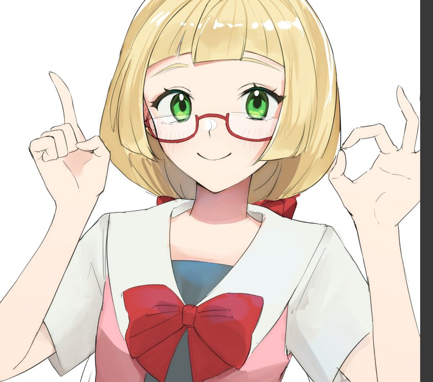 1girl alternate_costume bespectacled blonde_hair blush bow closed_mouth commentary_request creatures_(company) eyelashes game_freak glasses green_eyes hands_up highres index_finger_raised konbu_1270 lillie_(pokemon) looking_at_viewer nintendo ok_sign pokemon pokemon_(anime) pokemon_sm113 pokemon_sm_(anime) red_bow semi-rimless_eyewear short_sleeves smile solo upper_body white_background