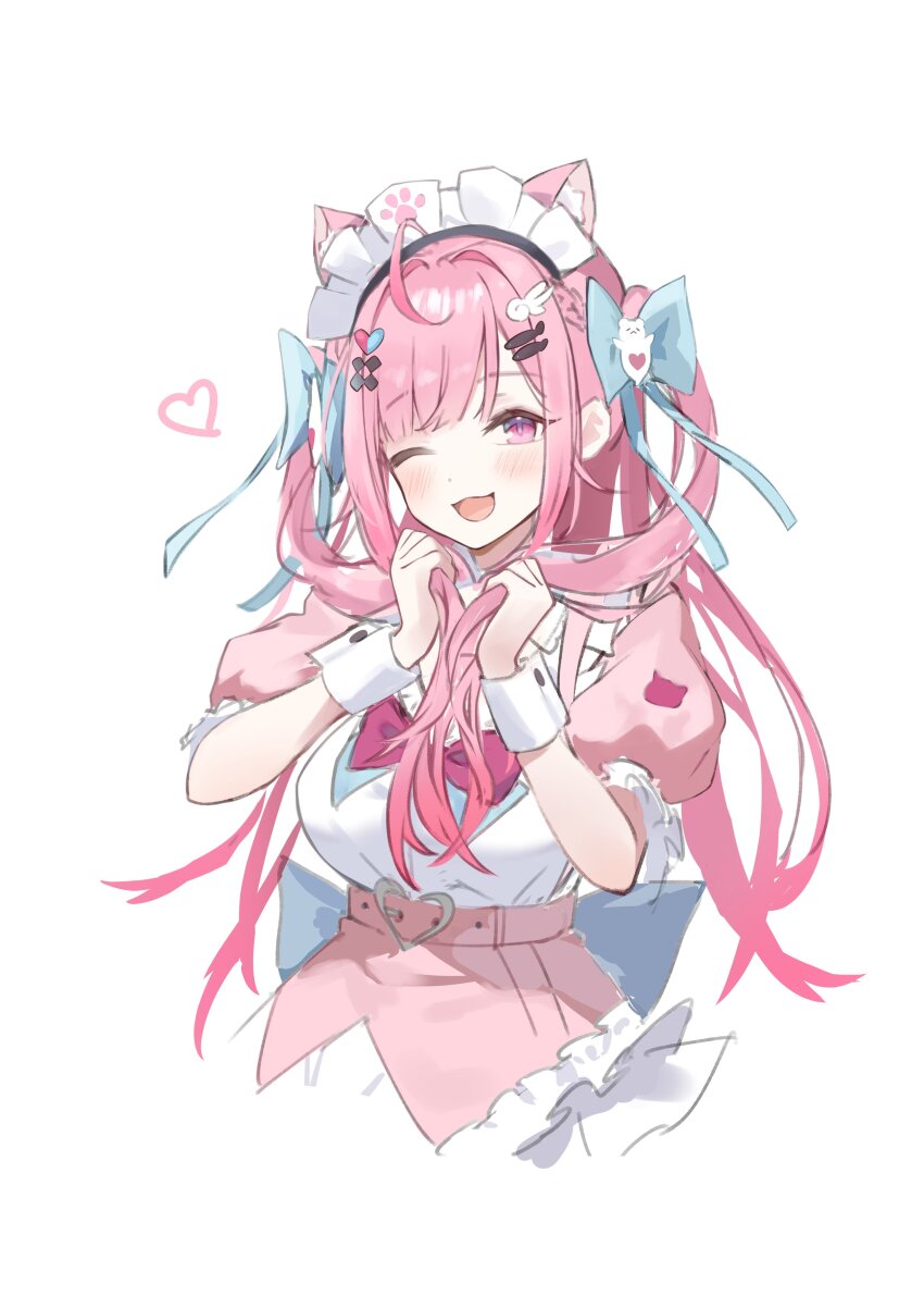 1girl absurdres ahoge animal_ears animal_print bandaid bandaid_hair_ornament belt blue_bow blush bow breasts cat_ears cat_girl cat_print cleavage_cutout clothing_cutout commentary crossed_bandaids dress extra_ears fish_hair_ornament ghost_hair_ornament hair_bow hair_intakes hair_ornament hairclip hashtag-only_commentary heart heart_hair_ornament highres holding holding_own_hair indie_virtual_youtuber kmdr_04 large_breasts long_hair looking_at_viewer maid maid_headdress one_eye_closed open_mouth paw_print pink_belt pink_bow pink_dress pink_eyes pink_hair short_sleeves simple_background smile solo two_side_up white_background white_wrist_cuffs wing_hair_ornament wrist_cuffs yuuki_sakuna yuuki_sakuna_(1st_costume)