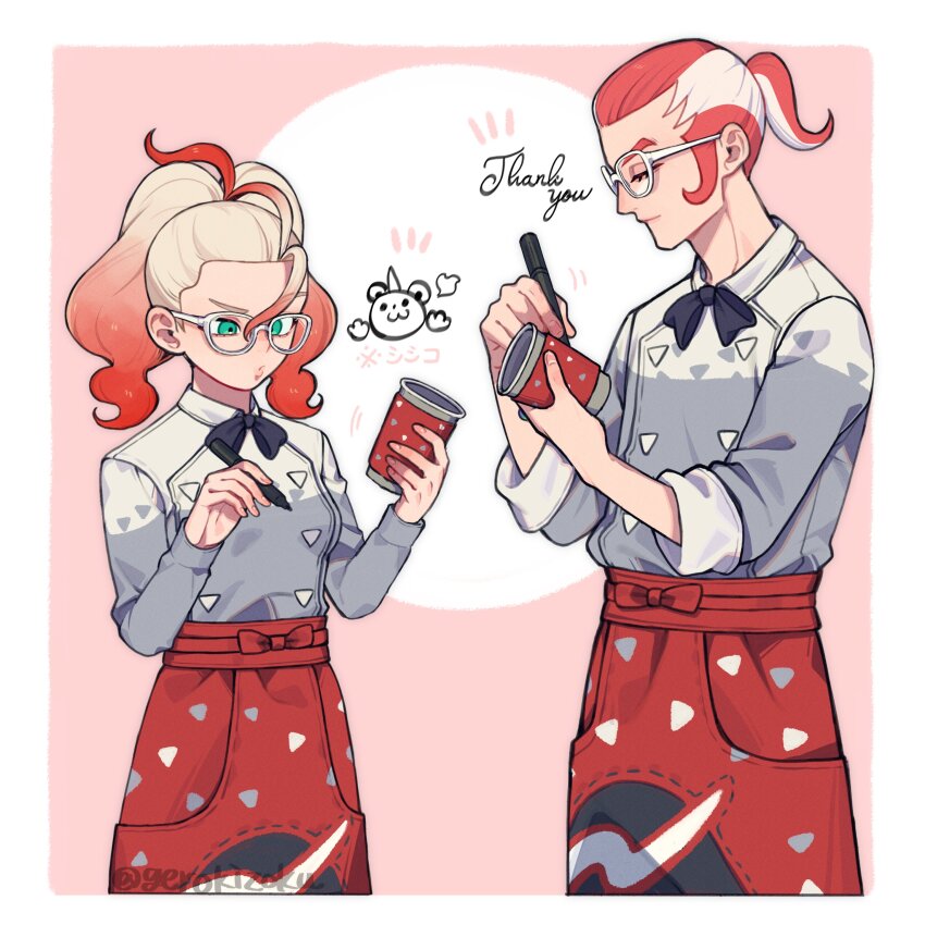 1boy 1girl absurdres apron black_bow black_bowtie blonde_hair bow bowtie closed_eyes cowboy_shot cowlick cup disposable_coffee_cup disposable_cup gen_6_pokemon gerokizoku glasses gradient_hair green_eyes grey_shirt griselle_(pokemon) grisham_(pokemon) hair_pulled_back highres holding holding_marker litleo marker multicolored_hair nintendo orange_apron orange_hair pokemon pokemon_legends:_z-a ponytail raised_eyebrow shirt short_ponytail split_ponytail thank_you thick_eyebrows two-tone_hair waist_apron wavy_hair white-framed_eyewear writing